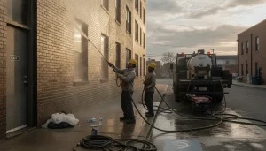 Commercial building exterior pressure washing in Punta Gorda with hot-water exhaust vented away from doors